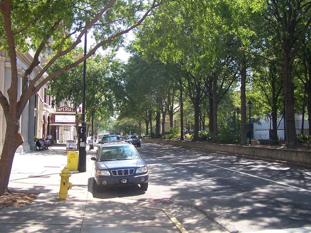 Tree-lined Broad Street in downtown Augusta, Georgia
