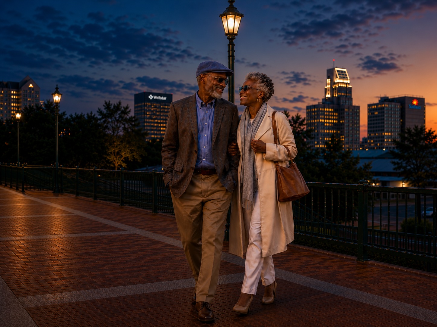 Older couple on the Augusta riverfront at night